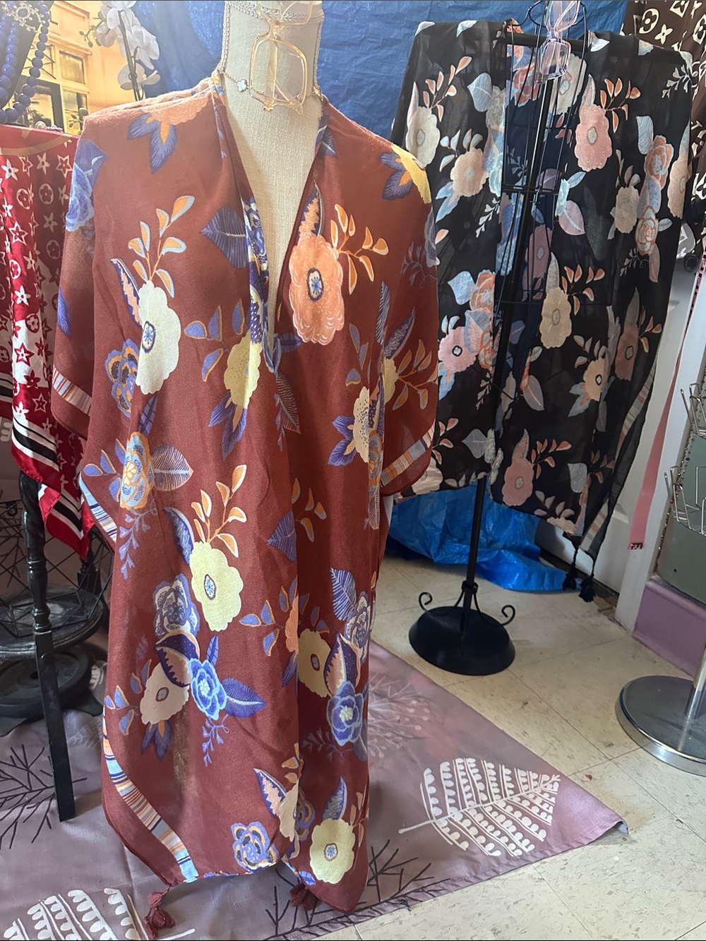 Floral V-Neck Brown Kimono-Style Women’s Top
